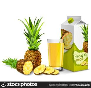 Realistic pineapple juice glass with cocktail straw and paper pack isolated on white background vector illustration