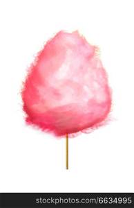 Realistic pink cotton candy on stick isolated on white. Made by heating and liquefying sugar and spinning it out through minute holes, where it strands sugar glass. Realistic Pink Cotton Candy on Stick Isolated