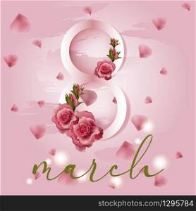 Realistic Pink Floral card - International Happy Women&rsquo;s Day - 8 March. Pink abstract background with realistic flowers roses.