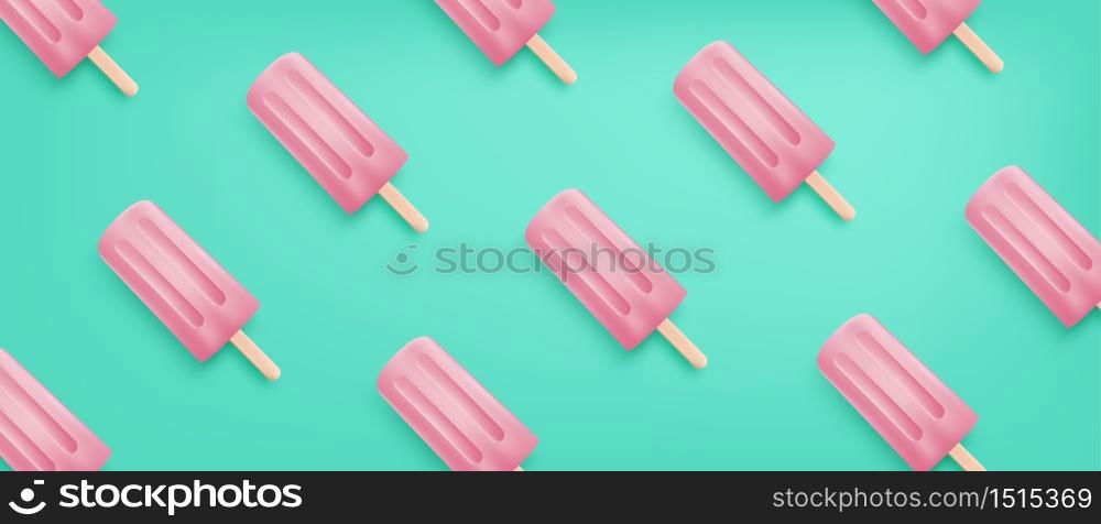 Realistic pink ice cream pattern on green background. Summer season banner or background for shopping promotion advertisement.