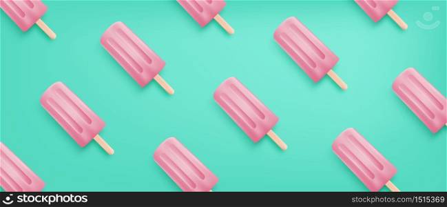 Realistic pink ice cream pattern on green background. Summer season banner or background for shopping promotion advertisement.