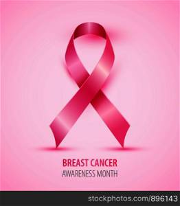 Realistic pink ribbon breast cancer awareness isolated symbol. Realistic pink ribbon breast cancer awareness isolated symbol on pink background.
