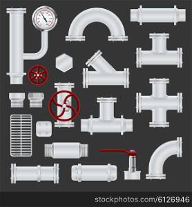 Realistic pipeline elements. Realistic pipeline realistic icons set with metal steel tubes and pipe elements isolated vector illustration