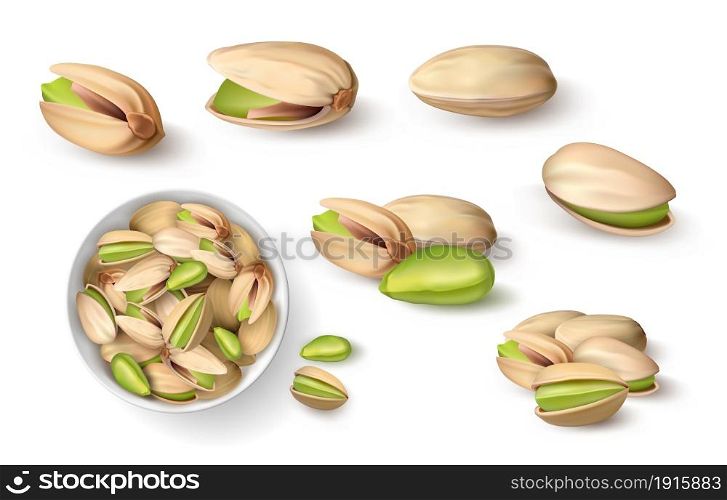 Realistic pistachio. 3D roasted nut in shell. Closeup mockup for package design and healthy food advertising. Single or heaps of green plant seeds. Vegetarian dry snack. Vector meal ingredients set. Realistic pistachio. 3D roasted nut in shell. Closeup mockup for package design and healthy food advertising. Single or heaps of green seeds. Vegetarian snack. Vector meal ingredients set