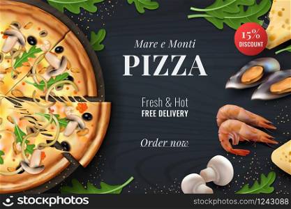 Realistic pizza background. Menu poster with traditional Italian food with toppings for restaurant banner or advertising. Vector 3D promotion flyer designs with realistic symbols italian snacks. Realistic pizza background. Menu poster with traditional Italian food with toppings for restaurant banner or advertising. Vector 3D flyer