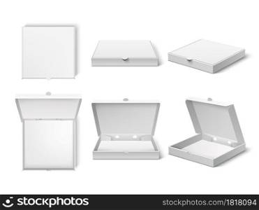 Realistic pizza box. Blank packaging mockup, different camera angle, open and closet variants, fast food delivery cardboard pack and carton container vector set. Realistic pizza box. Blank packaging mockup, different camera angle, open and closet variants, fast food delivery cardboard pack. Vector set