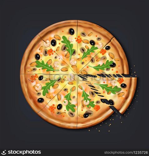 Realistic pizza pieces. Fresh pizza part with stretching cheese ready to eat, traditional Italian food with mozzarella and tomatoes. Vector illustration 3D top view round european snacks with cheese. Realistic pizza pieces. Fresh pizza part with stretching cheese ready to eat, traditional Italian food with mozzarella and tomatoes. Vector top view