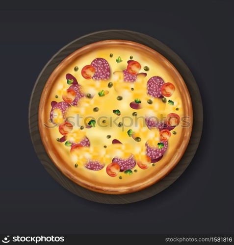 Realistic pizza. Tasty Italian food with cheese, tomato and mushrooms, salami. Menu traditional snack, pizzeria advertising template. Online delivery service application, vector isolated illustration. Realistic pizza. Tasty Italian food with cheese, tomato and salami. Menu traditional snack, pizzeria advertising template. Online delivery application, vector isolated illustration