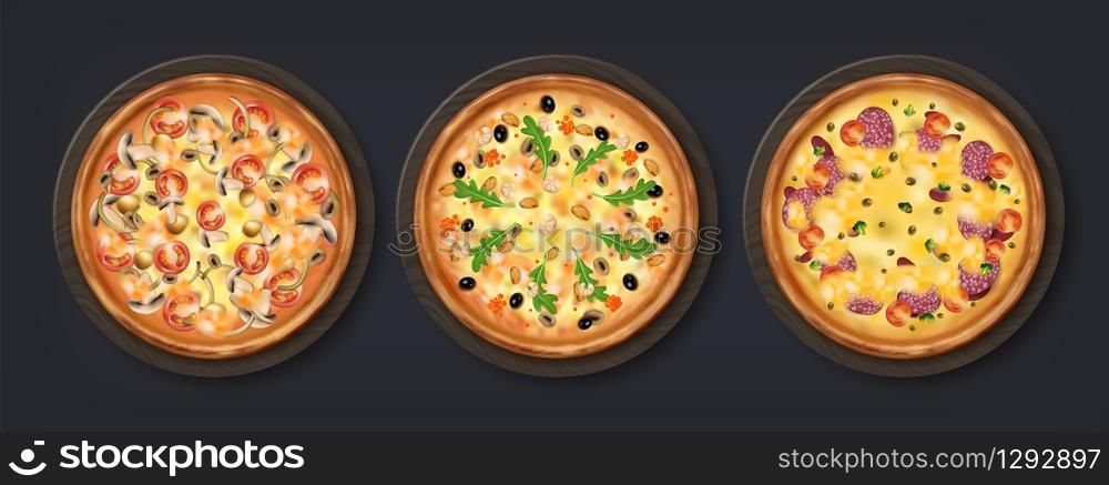 Realistic pizza. Tasty Italian tradition food with cheese tomato mushrooms and other toppings, isolated round backed home food. Vector 3D restaurant round meal on black background. Realistic pizza. Tasty Italian food with cheese tomato mushrooms and other toppings, isolated round backed home food. Vector 3D restaurant meal