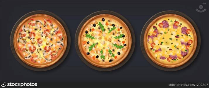 Realistic pizza. Tasty Italian tradition food with cheese tomato mushrooms and other toppings, isolated round backed home food. Vector 3D restaurant round meal on black background. Realistic pizza. Tasty Italian food with cheese tomato mushrooms and other toppings, isolated round backed home food. Vector 3D restaurant meal