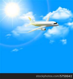 Realistic plane aircraft in blue sunny sky with clouds on background poster vector illustration