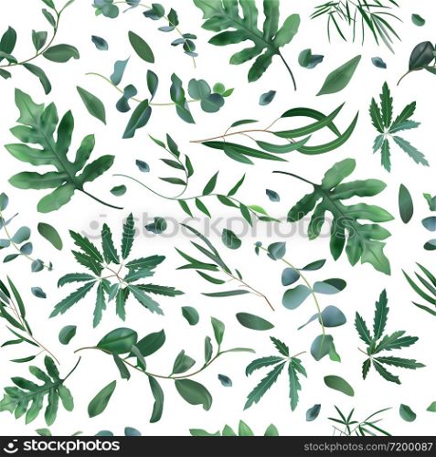Realistic plants pattern. Seamless leaves eucalyptus, fern plant pattern, greenery foliage texture vector background. Ecological backdrop, tropical natural plant illustration. Realistic plants pattern. Seamless leaves eucalyptus, fern plant pattern, greenery foliage texture vector background