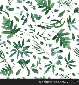 Realistic plants pattern. Seamless leaves eucalyptus, fern plant pattern, greenery foliage texture vector background. Ecological backdrop, tropical natural plant illustration. Realistic plants pattern. Seamless leaves eucalyptus, fern plant pattern, greenery foliage texture vector background