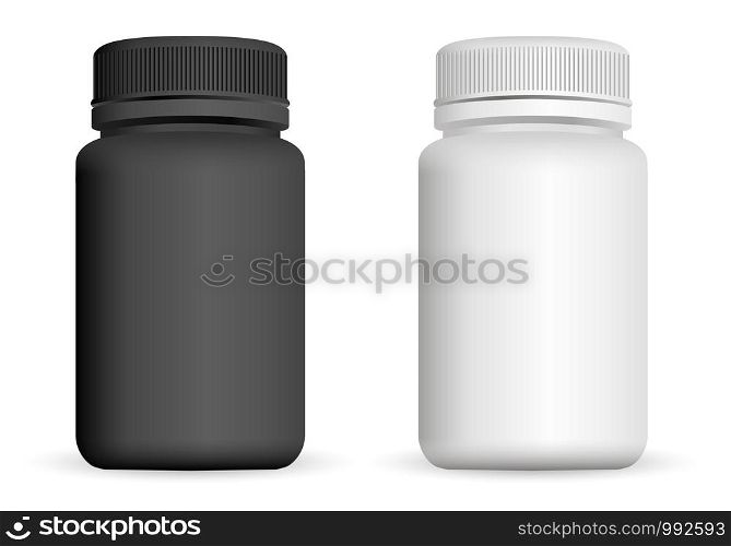 Realistic plastic bottles. Black and white 3d Vector illustration. Mock Up Template set of medicine package for pills, capsule, drugs.. Realistic plastic bottles. Black and white Vector