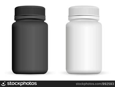 Realistic plastic bottles. Black and white 3d Vector illustration. Mock Up Template set of medicine package for pills, capsule, drugs.. Realistic plastic bottles. Black and white Vector