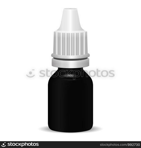 Realistic plastic medical bottle with dropper. Black Pharmacy flask or vials for anti-aging essential, eye or nasal drops. Mock up vector flacon illustration isolated on white background.. Realistic plastic medical bottle with dropper.