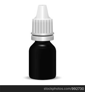 Realistic plastic medical bottle with dropper. Black Pharmacy flask or vials for anti-aging essential, eye or nasal drops. Mock up vector flacon illustration isolated on white background.. Realistic plastic medical bottle with dropper.