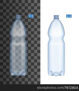 Realistic plastic water bottle with open cap, isolated 3d vector mockup. Empty package container with lid for water drink, aqua, soda drink or another liquid product and beverage. Realistic plastic bottle with open cap