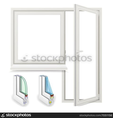 Realistic Plastic Window With Door Vector. Isolated Illustration. Plastic Window Vector. Opened Door. Home White Window Design Concept. Isolated