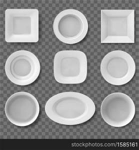 Realistic plates. Food dish, empty clean bowl, kitchen utensil, food white plates, dishes and bowls. Restaurant 3d dishware vector illustration set. Tableware for meal, crockery collection. Realistic plates. Food dish, empty clean bowl, kitchen utensil, food white plates, dishes and bowls. Restaurant 3d dishware vector illustration set