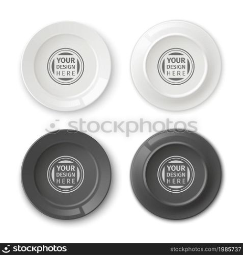 Realistic plates text mockup. Empty dishes with logos. Top and back view of round glossy bowls. Restaurant brand title. Ceramic black and white ware. Vector isolated blank utensil set for branding. Realistic plates text mockup. Empty dishes with logos. Top and back view of round bowls. Restaurant brand title. Ceramic black and white ware. Vector isolated utensil set for branding
