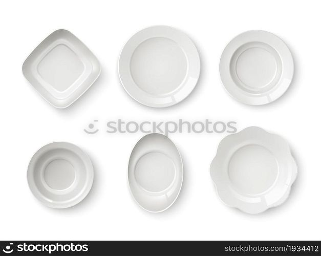 Realistic plates top view. Serving food ceramic dinner dishes. Empty round or oval saucers. Isolated bowls and skeet mockup. White clean porcelain dining crockery templates. Vector tableware set. Realistic plates top view. Serving ceramic dinner dishes. Empty round or oval saucers. Isolated bowls and skeet mockup. White clean porcelain crockery templates. Vector tableware set