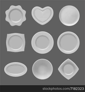 Realistic plates. Vector illustrations of realistic dishware. Kitchen plate porcelain shape surface. Realistic plates. Vector illustrations of realistic dishware