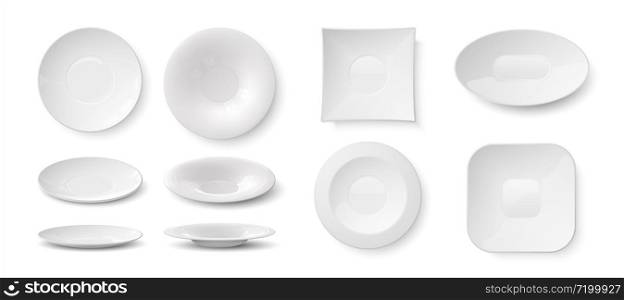 Realistic plates. White empty 3D dishes and bowls mockup, kitchen dining ceramic round tableware for food. Vector illustration isolated blank crockery set on transparent background. Realistic plates. White empty 3D dishes and bowls mockup, kitchen dining ceramic tableware. Vector blank crockery set
