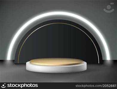 Realistic platform background. 3D product stand. Abstract round scene with empty podium mockup for goods display. Exhibition geometric base and spotlight. Vector minimalistic studio backdrop design. Realistic platform background. 3D product stand. Abstract scene with empty podium mockup for goods display. Exhibition geometric base and spotlight. Vector minimalistic studio backdrop