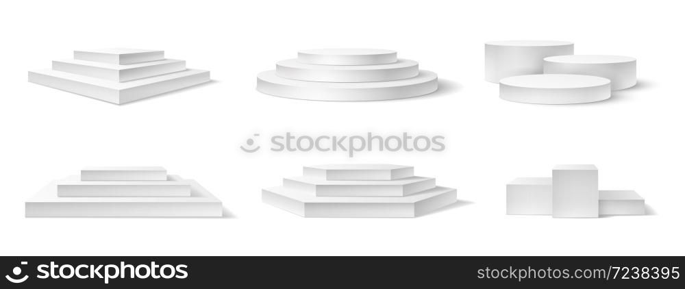 Realistic podium. White 3d empty podiums, pedestal and platform different shapes for award ceremony, concert advertising product vector set. Square, round white stage with stairs for top. Realistic podium. White 3d empty podiums, pedestal and platform different shapes for award ceremony, concert advertising product vector set