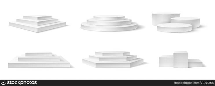 Realistic podium. White 3d empty podiums, pedestal and platform different shapes for award ceremony, concert advertising product vector set. Square, round white stage with stairs for top. Realistic podium. White 3d empty podiums, pedestal and platform different shapes for award ceremony, concert advertising product vector set