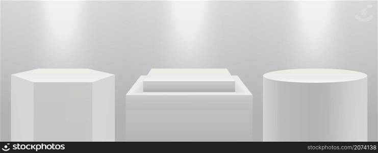 Realistic podiums. 3d pedestal in light, blank white expo stands vector set. Illustration stage podium, platform in light, pedestal blank. Realistic podiums. 3d pedestal in light, blank white expo stands vector set