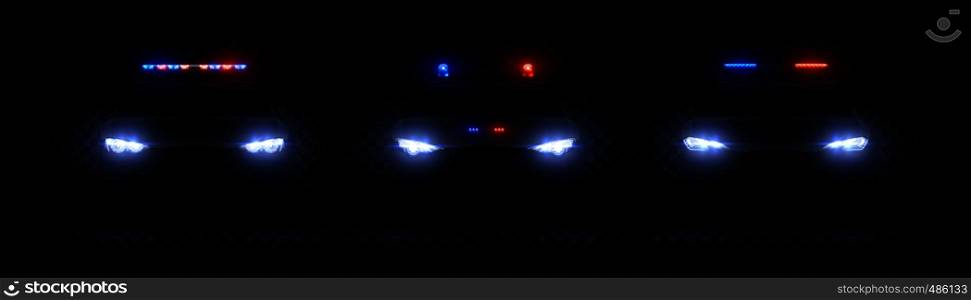 Realistic police headlights. Car glowing led light effect, rare and front siren flare, red and blue police light. Vector illustration 3d set. Realistic police headlights. Car glowing led light effect, rare and front siren flare, red and blue police light. Vector 3d set