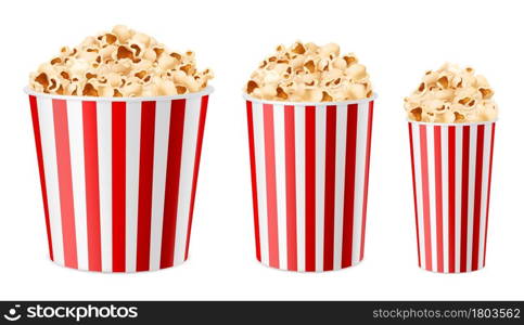 Realistic popcorn buckets. 3d multiple sizes paper cups, snacks for cinema and circus. Large, medium and small containers, striped red white full packaging, salty corns souffles. Vector isolated set. Realistic popcorn buckets. 3d multiple sizes paper cups, snacks for cinema and circus. Large, medium and small containers, striped red white packaging, corns souffles. Vector isolated set