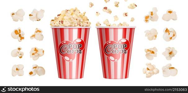 Realistic popcorn. Cinema snack, red stripes bowl for popcorns. Isolated giant paper cup with fast food vector illustration. Popcorn snack fot movie, cardboard with pop corn to watch cinematography. Realistic popcorn. Cinema snack, red stripes bowl for popcorns. Isolated giant paper cup with fast food vector illustration