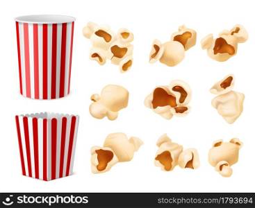 Realistic popcorn. Food packaging, corn flakes paper box and bucket, large cup, fluffy souffles corns different angles view, watching movies snacks. Cinema and circus snack. Vector 3d isolated set. Realistic popcorn. Food packaging, corn flakes paper box and bucket, large cup, fluffy corns different angles view, watching movies snacks. Cinema and circus snack. Vector 3d isolated set
