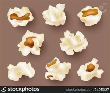 Realistic popcorn. Snack food for movies 3d fluffy corns decent vector templates collection isolated. Popcorn delicious fluffy of set illustration. Realistic popcorn. Snack food for movies 3d fluffy corns decent vector templates collection isolated