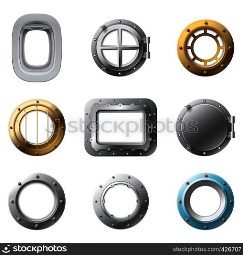 Realistic porthole. Airplane portholes, metal submarine cabin window and steel ship glass windows frame. Cruise aircraft porthole or fuselage cabin windows. Isolated 3d vector icons set. Realistic porthole. Airplane portholes, metal submarine cabin window and steel ship glass windows frame isolated 3d vector set