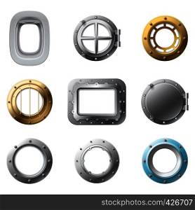 Realistic porthole. Airplane portholes, metal submarine cabin window and steel ship glass windows frame. Cruise aircraft porthole or fuselage cabin windows. Isolated 3d vector icons set. Realistic porthole. Airplane portholes, metal submarine cabin window and steel ship glass windows frame isolated 3d vector set