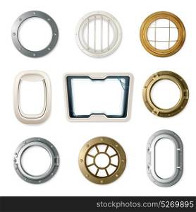 Realistic Portholes Set. Set of realistic portholes of various shape and color for airplanes ships and submarines isolated vector illustration