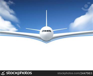 Realistic poster white Airplane flying in the sky with white bottom abstract background vector illustration. Airplane Realistic Poster