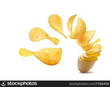 Realistic potato turning into wavy crispy chips, flying snacks splash, vector. Isolated tornado wave whirl of flying potato chips from pack, appetizer advertising. Realistic potato turning into wavy crispy chips