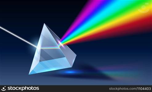 Realistic prism. Light dispersion, rainbow spectrum and optical effect. Physics optics ray refractions, pyramid prism reflecting realistic 3D vector illustration. Realistic prism. Light dispersion, rainbow spectrum and optical effect realistic 3D vector illustration