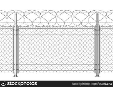 Realistic prison wall, chain fence with barb wire. 3d metal boundary security mesh with barbwire. War barrier construction vector background. Protected area with defensive borders on white. Realistic prison wall, chain fence with barb wire. 3d metal boundary security mesh with barbwire. War barrier construction vector background