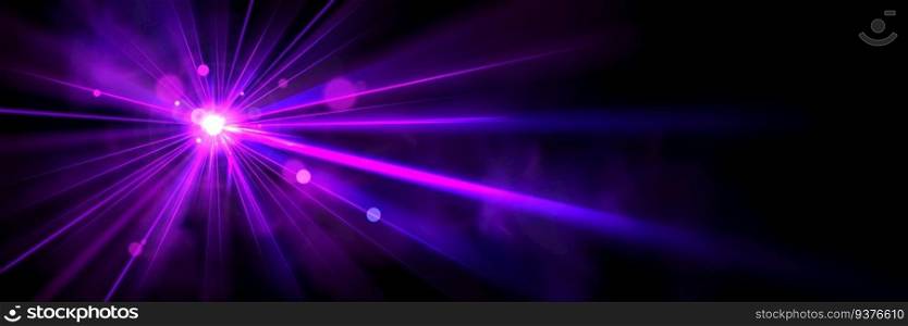 Realistic projector light shining on dark background. Vector illustration of neon spotlight rays glowing with smoke effect on stage at night club dance party, theater performance, music concert. Realistic projector light shining in darkness