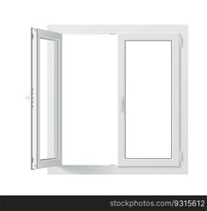 Realistic pvc window with open sash isolated 3d vector mockup provides a clear view of the outside, with easy-to-maintain features and durable construction for modern homes and commercial buildings. Realistic pvc window with open sash 3d mockup