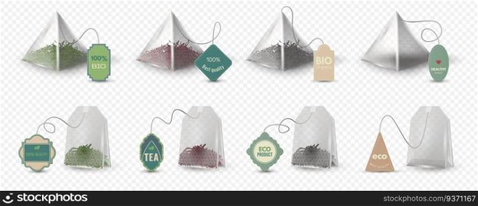 Realistic pyramid and rectangular green, red and black tea bags with tags. Empty 3d teabag mockup with labels for herbal beverage vector set. Pack for hot drink brewing, eco product