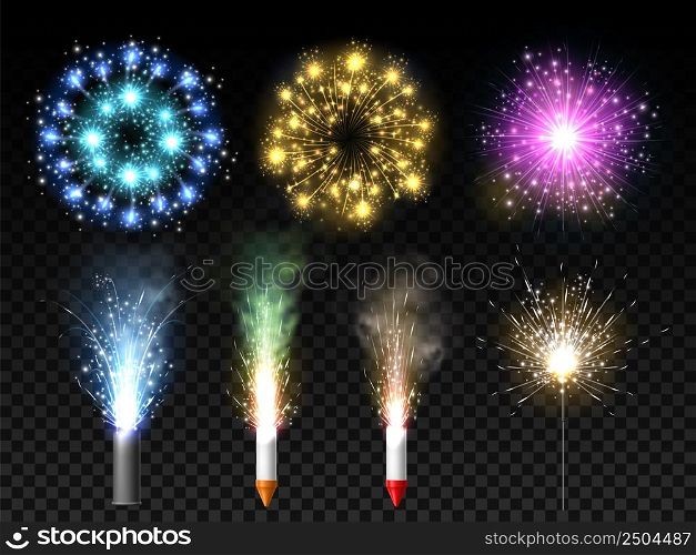 Realistic pyrotechnics. Different festive fireworks types. 3D holiday explosions and roman candles. Rockets and sparkling fountain. Bengal light. Glowing petard bursts. Vector firecracker flashes set. Realistic pyrotechnics. Festive fireworks types. 3D holiday explosions and roman candles. Rockets and sparkling fountain. Bengal light. Glowing petard bursts. Vector firecrackers set