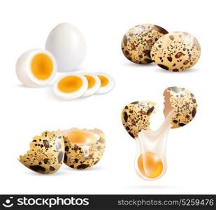 Realistic Quail Eggs Set. Quail eggs isolated realistic images set of whole eggs and cracked eggshell pieces with boiled egg slices vector illustration
