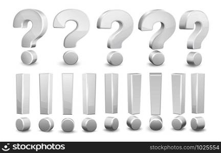 Realistic question and exclamation marks. Attention mark, questioning symbol and issue sign. Guestion mark, alphabetical ask point. Isolated vector 3D illustration icons set. Realistic question and exclamation marks. Attention mark, questioning symbol and issue sign vector 3D illustration set